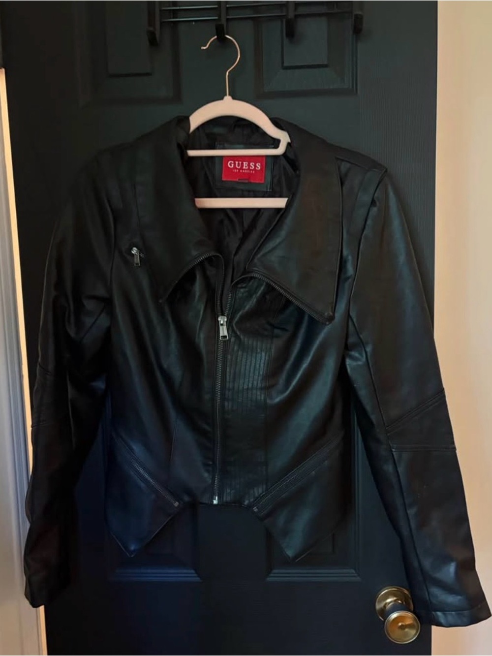 GUESS Black Faux Leather Asymmetrical Zip Jacket